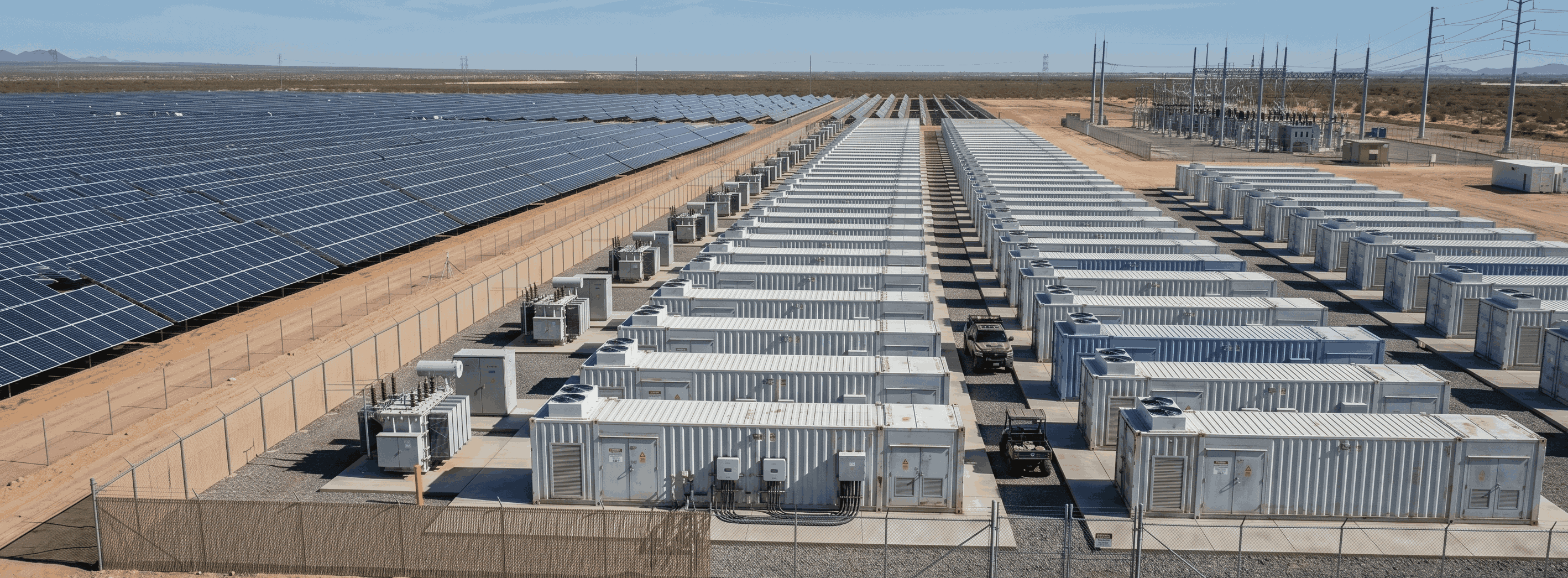 A battery energy storage system next to a solar farm